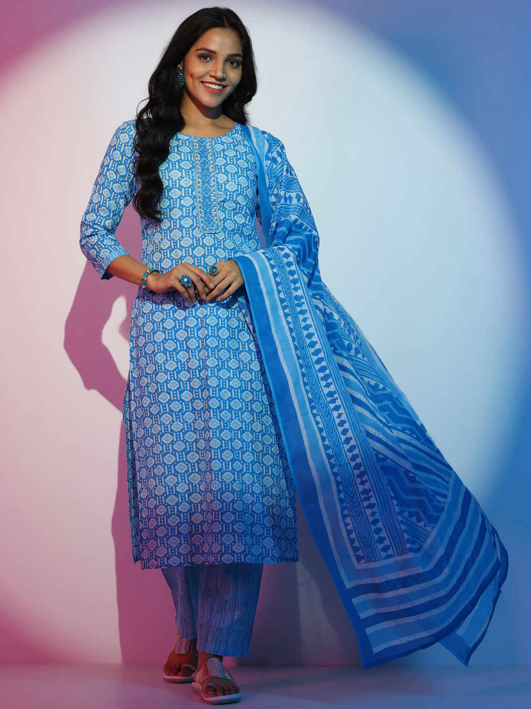  Blue Printed Cotton Straight Suit With Dupatta 