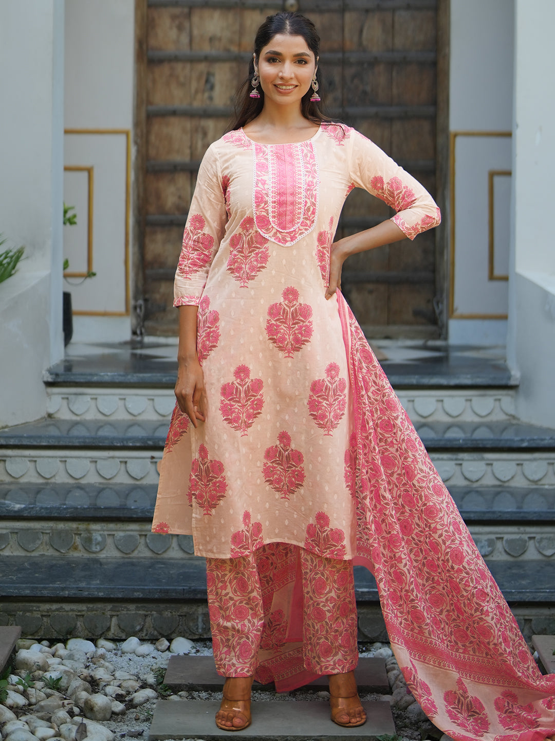  Off White Printed Cotton Straight Suit With Dupatta 