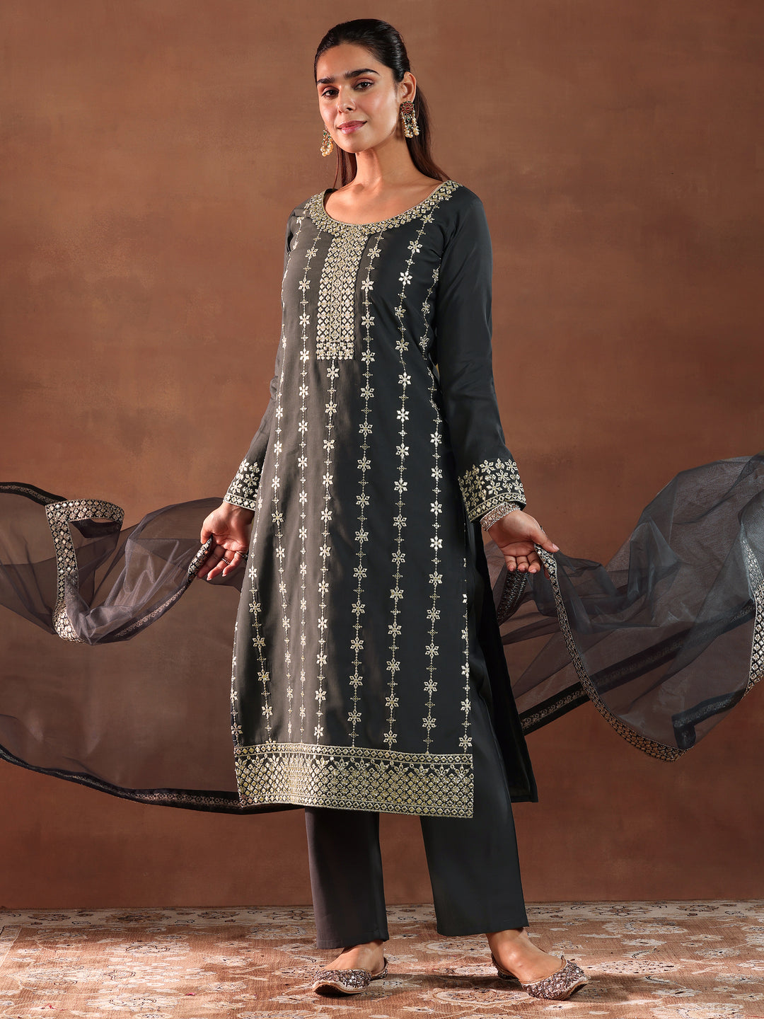 Grey Embroidered Silk Blend Straight Suit With Dupatta