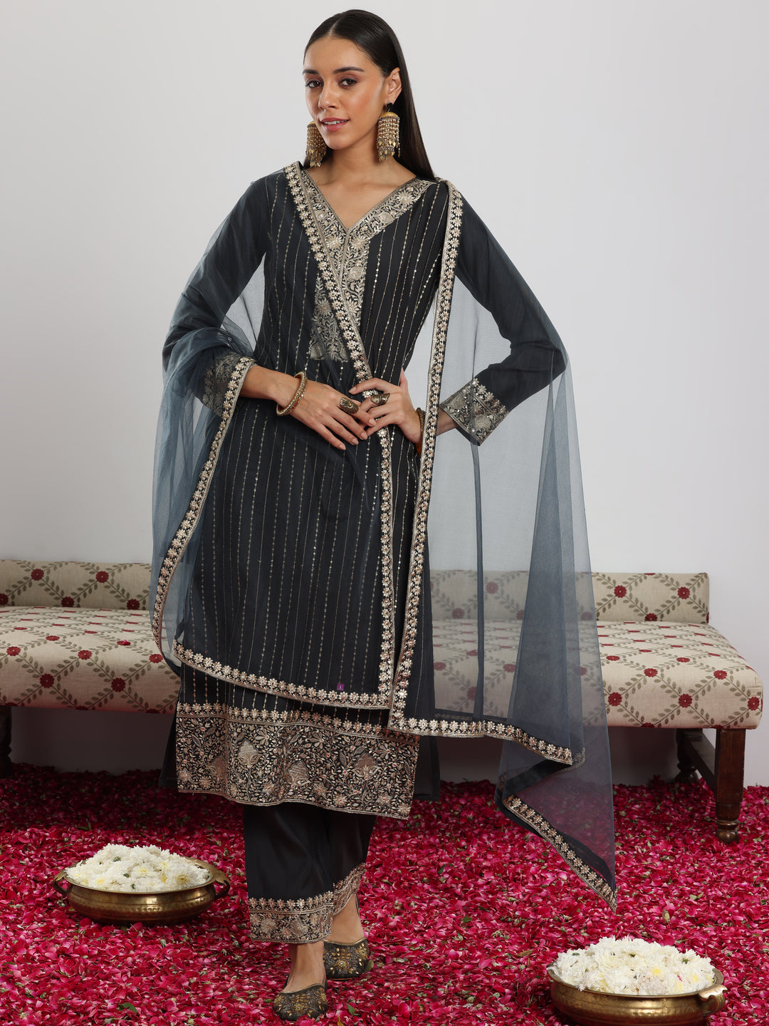 Grey Embroidered Silk Blend Straight Suit With Dupatta