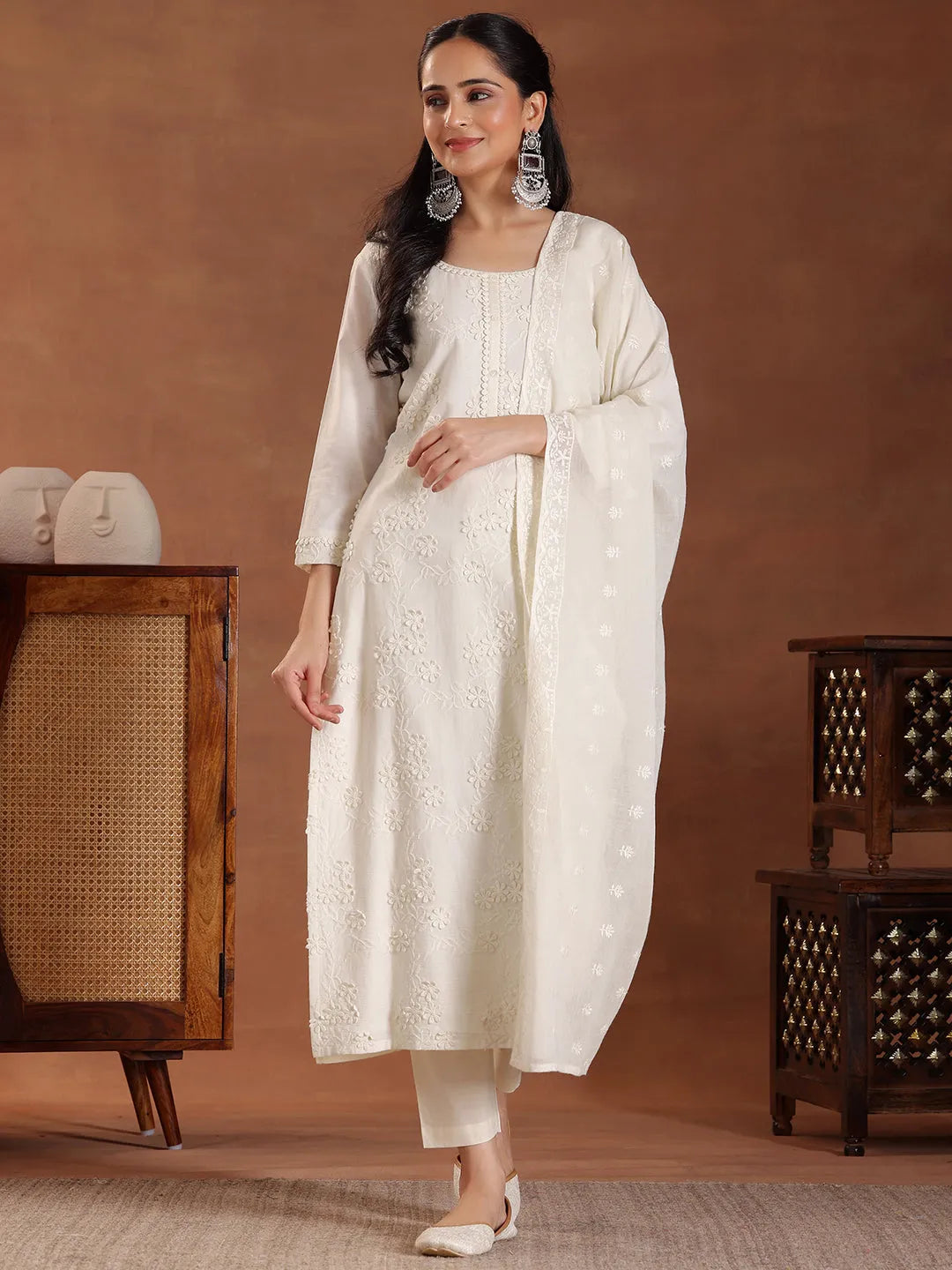  Off White Embroidered Cotton Straight Suit With Dupatta 