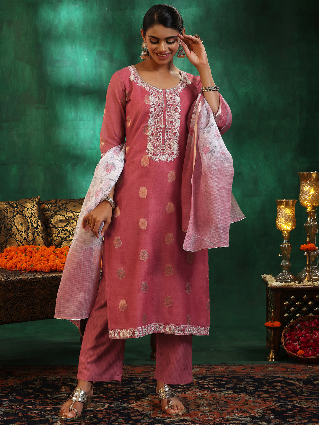 Pink Woven Design Silk Blend Straight Suit With Dupatta