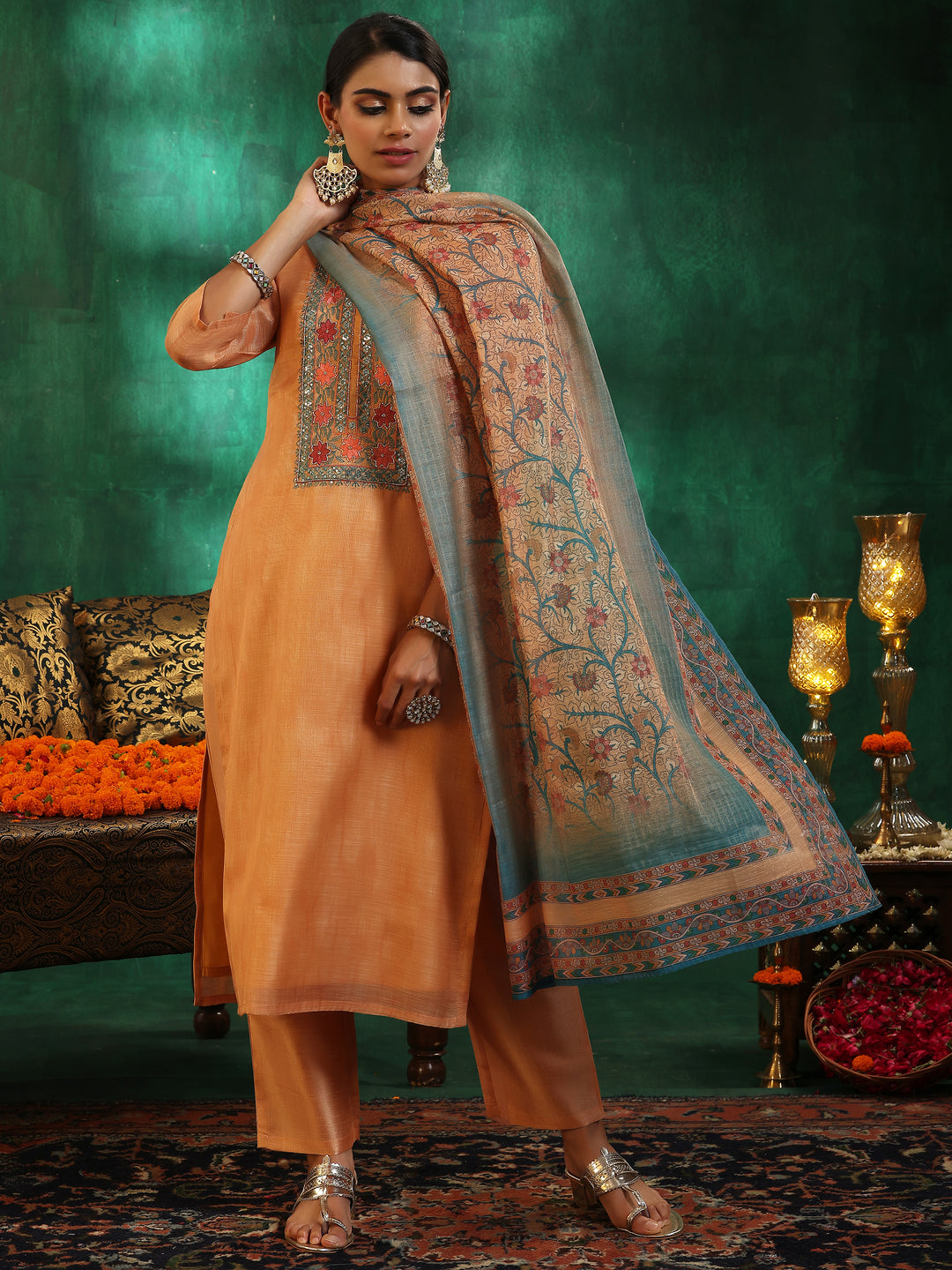  Orange Yoke Design Silk Blend Straight Suit With Dupatta 