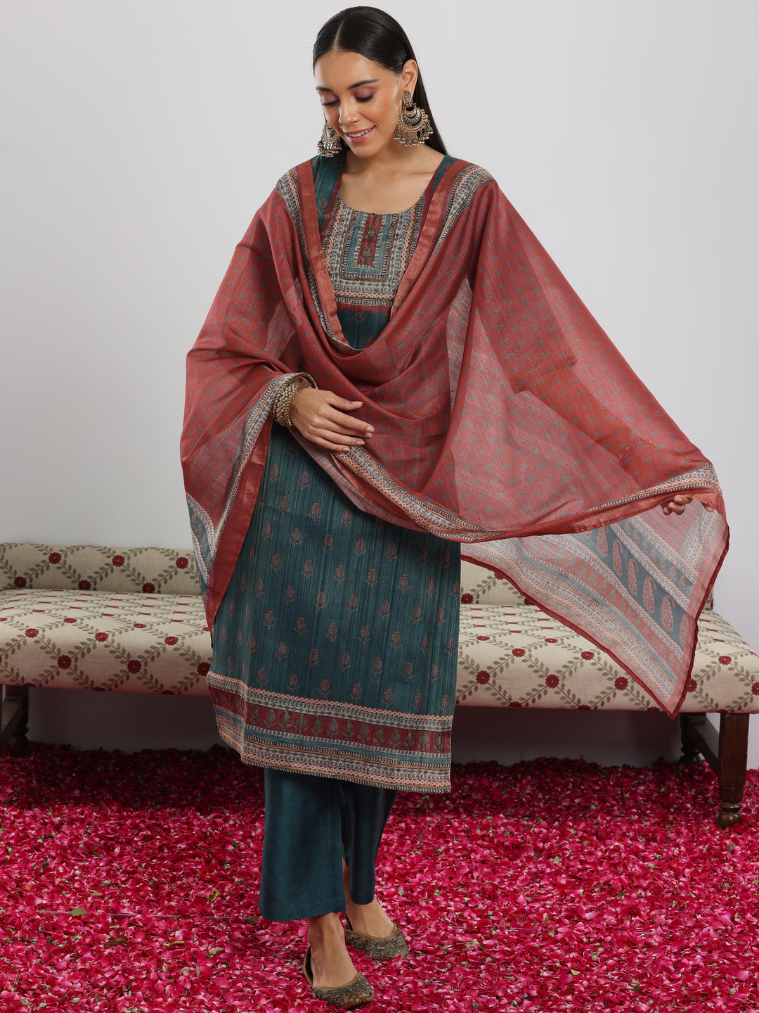 Teal Green Printed Silk Blend Straight Suit With Dupatta