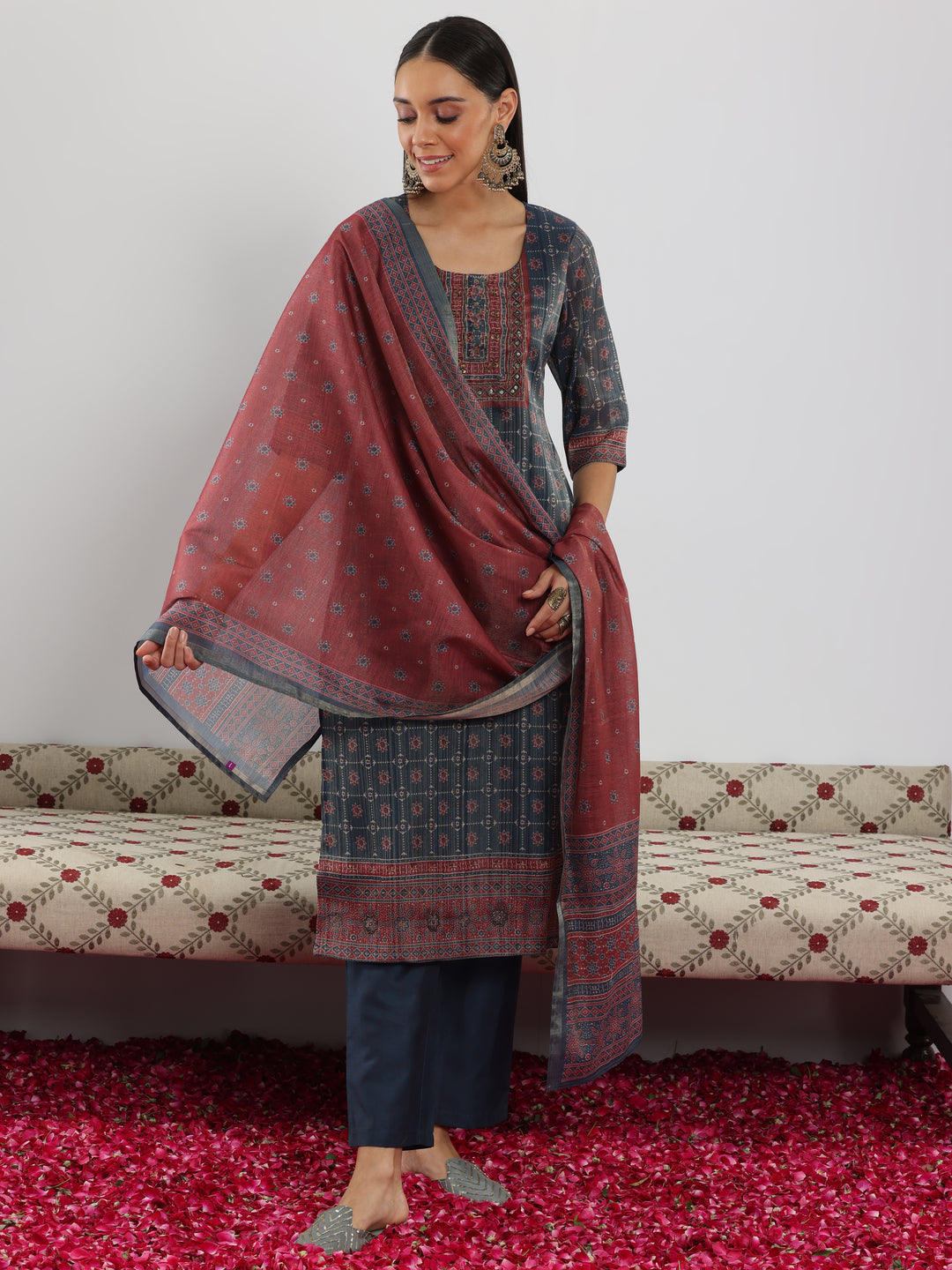  Blue Printed Silk Blend Straight Suit With Dupatta 