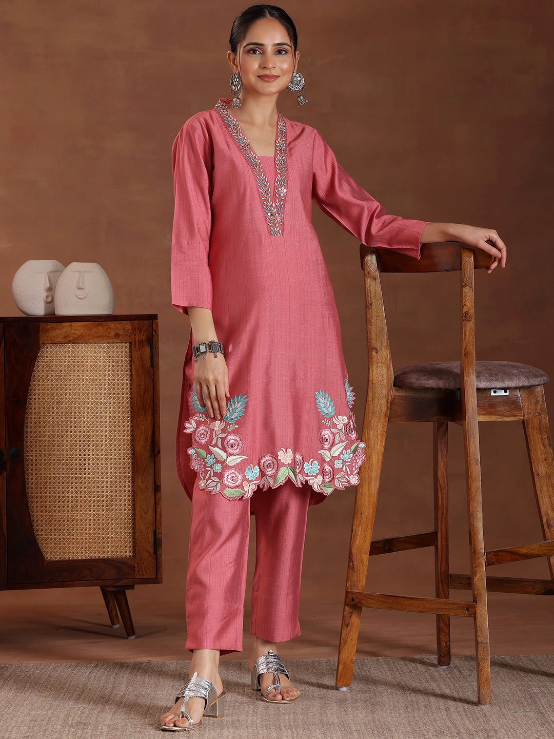 Coral Embroidered Silk Blend Co-Ords