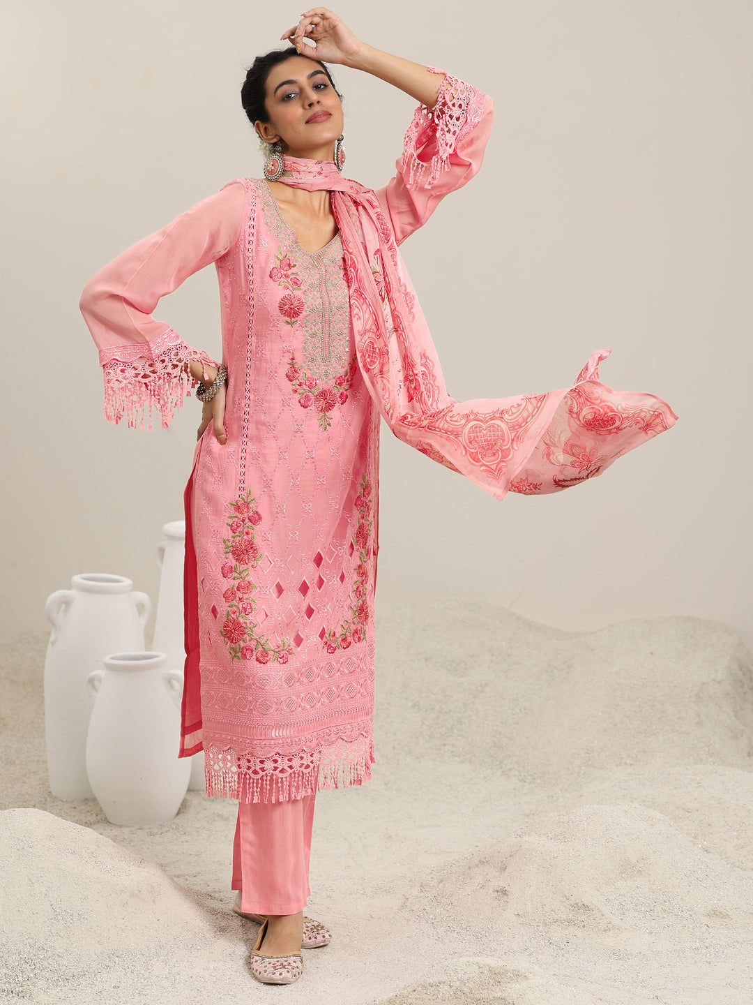  Pink Embroidered Organza Straight Suit With Dupatta 