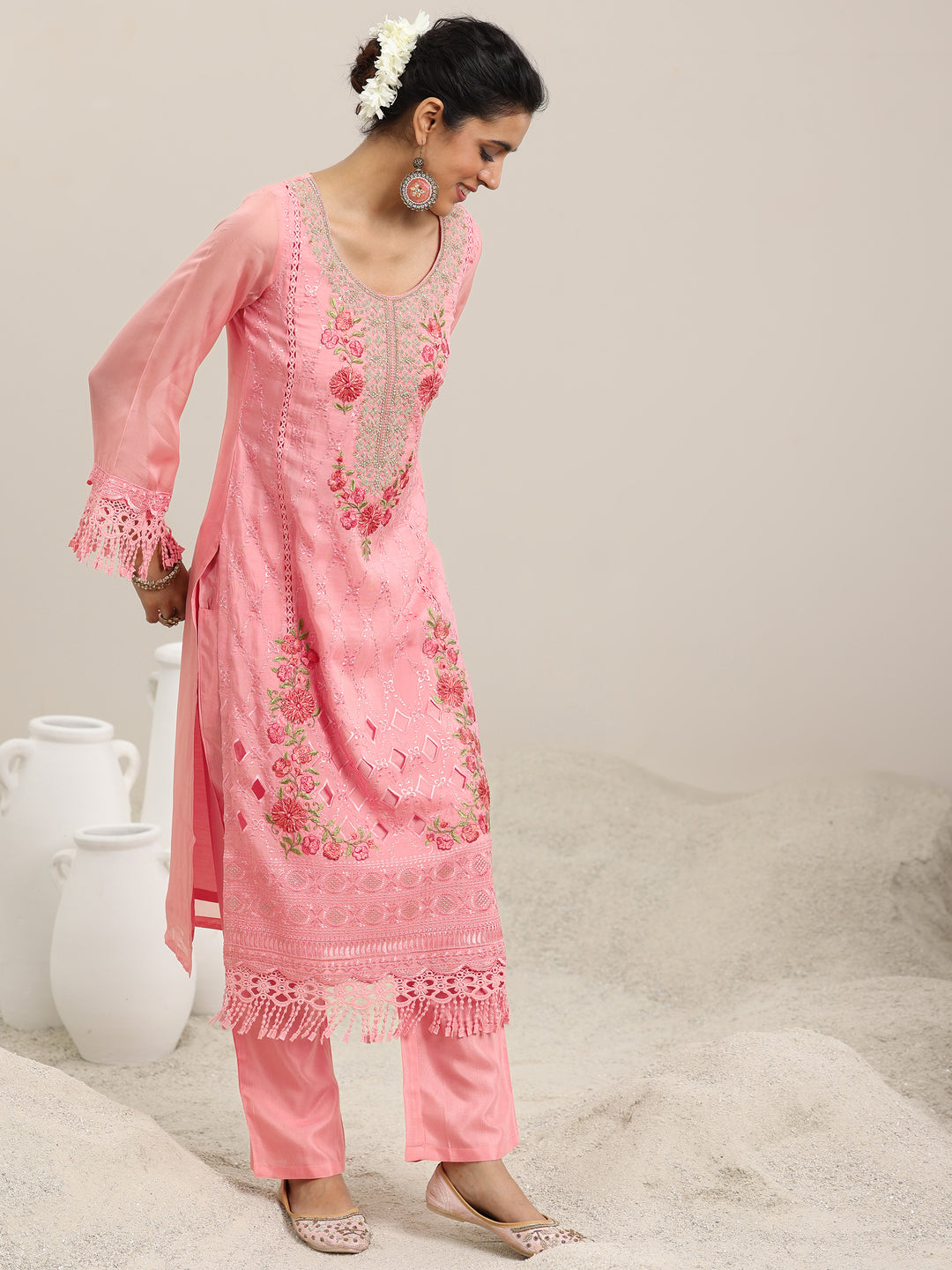  Pink Embroidered Organza Straight Suit With Dupatta 