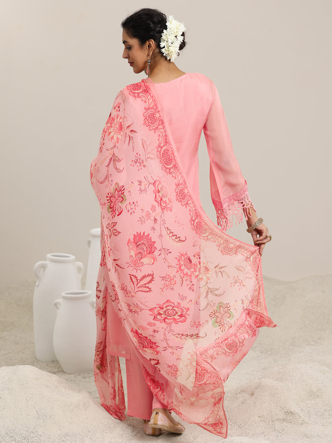  Pink Embroidered Organza Straight Suit With Dupatta 