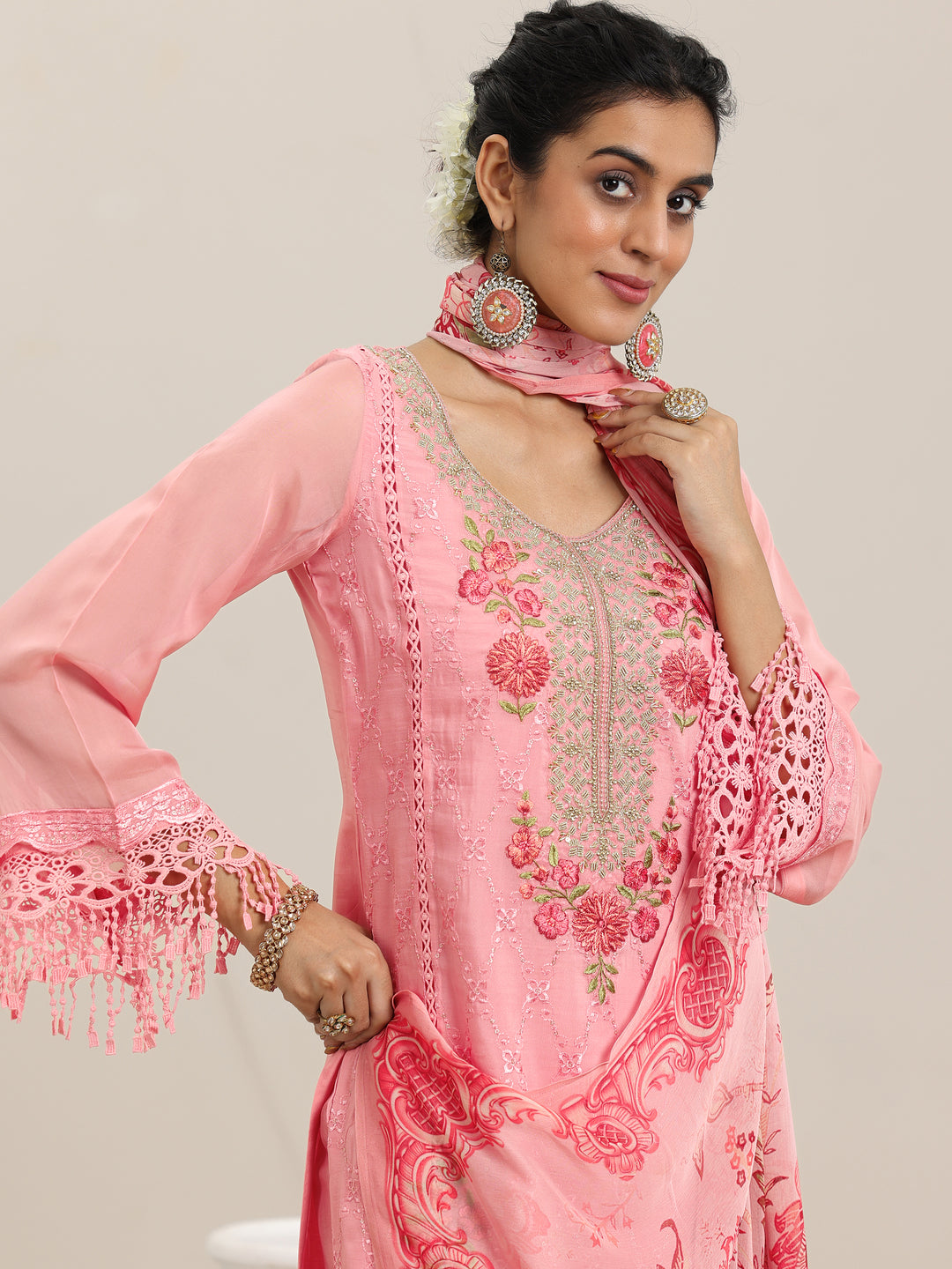  Pink Embroidered Organza Straight Suit With Dupatta 