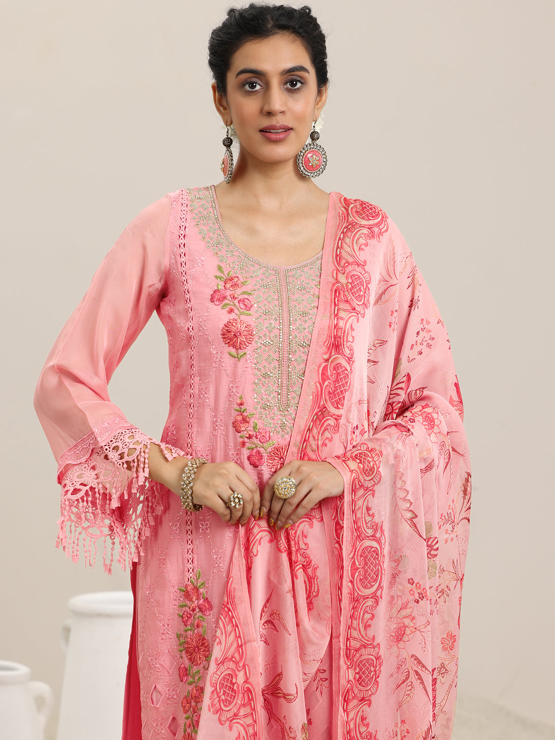  Pink Embroidered Organza Straight Suit With Dupatta 