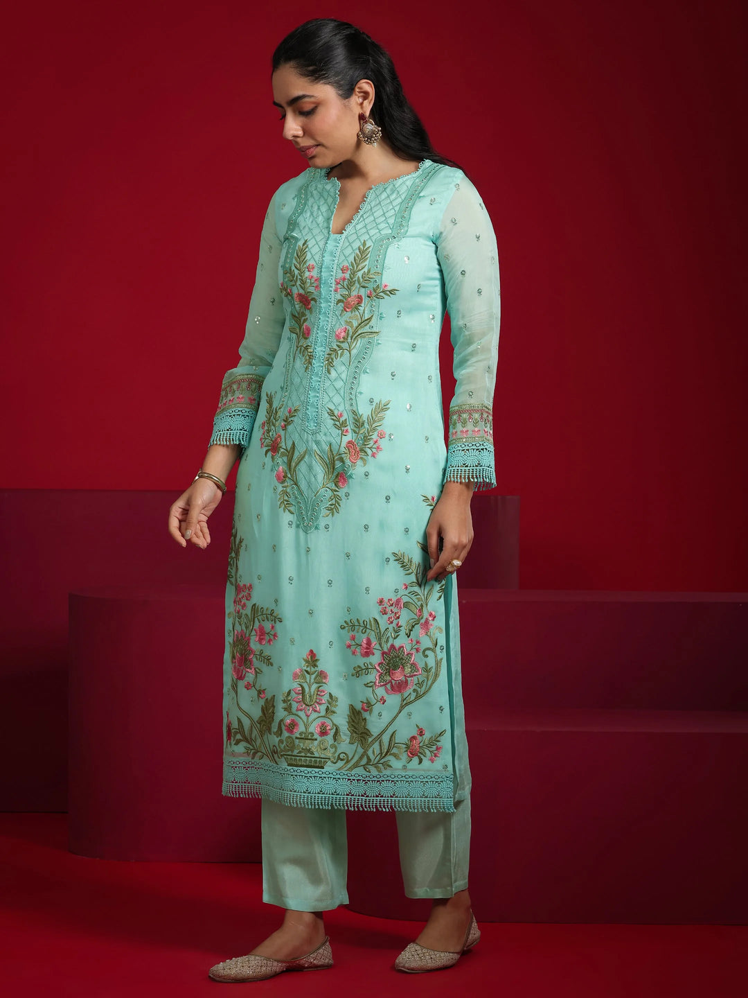  Libas Art Sea Green Embroidered Organza Straight Suit With Dupatta 