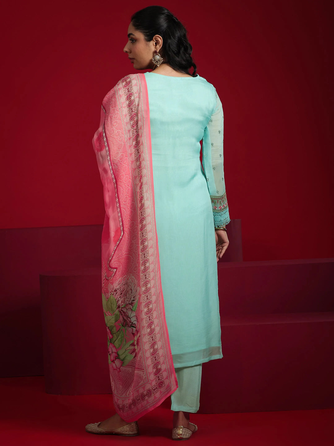  Libas Art Sea Green Embroidered Organza Straight Suit With Dupatta 