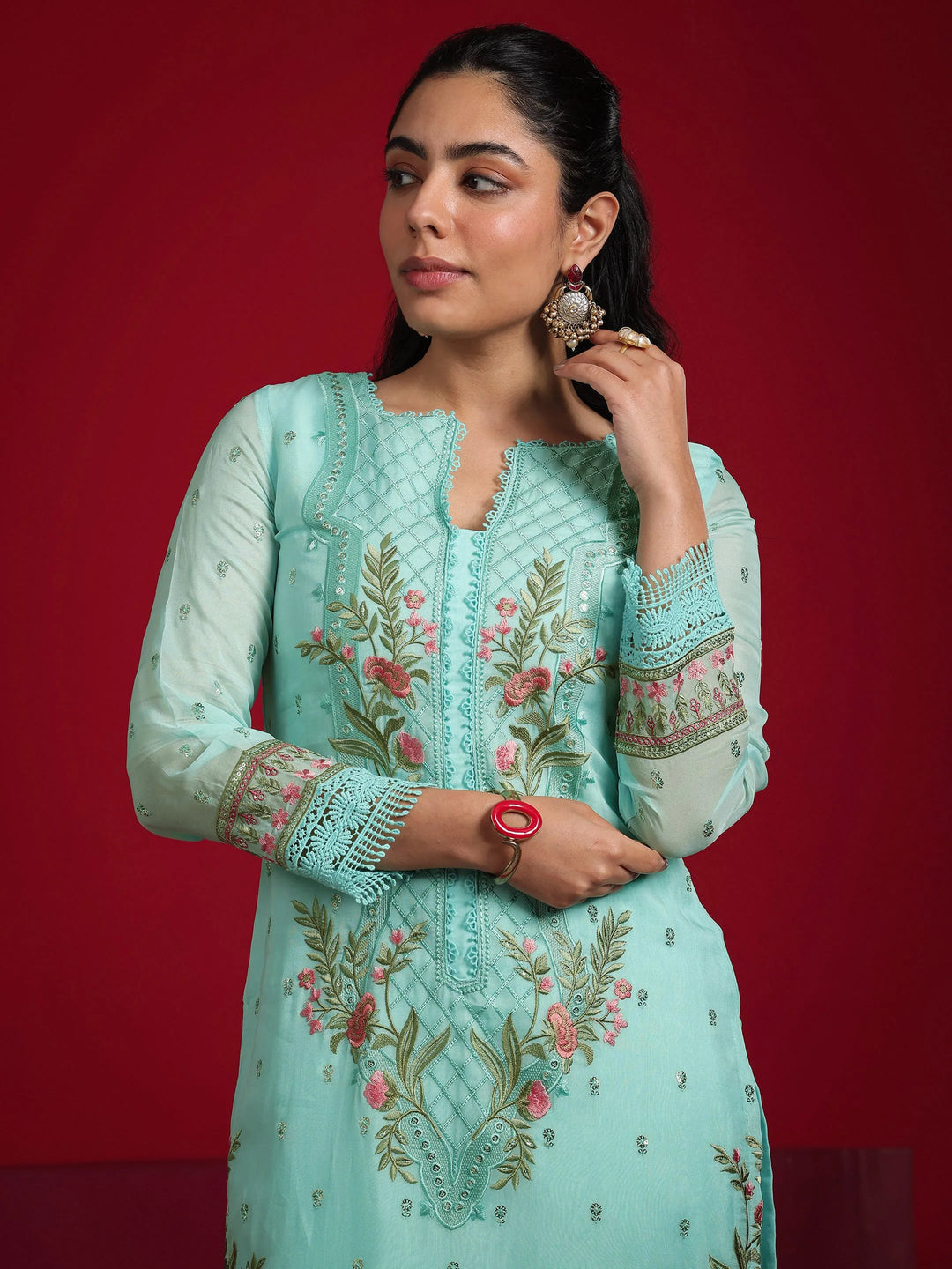  Libas Art Sea Green Embroidered Organza Straight Suit With Dupatta 