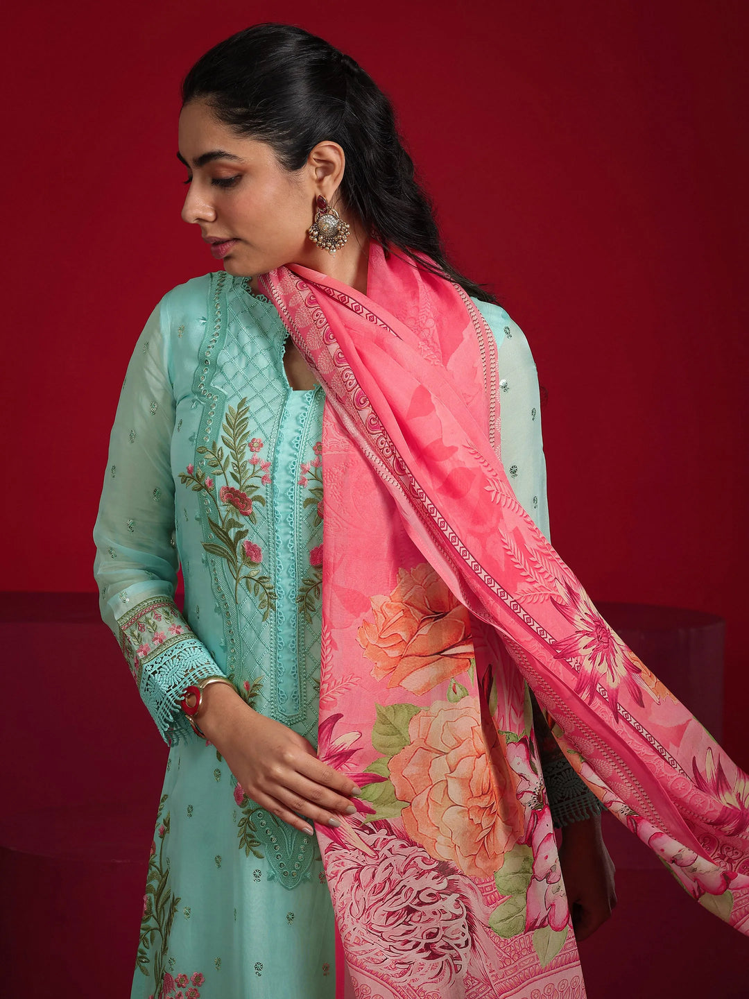 Libas Art Sea Green Embroidered Organza Straight Suit With Dupatta