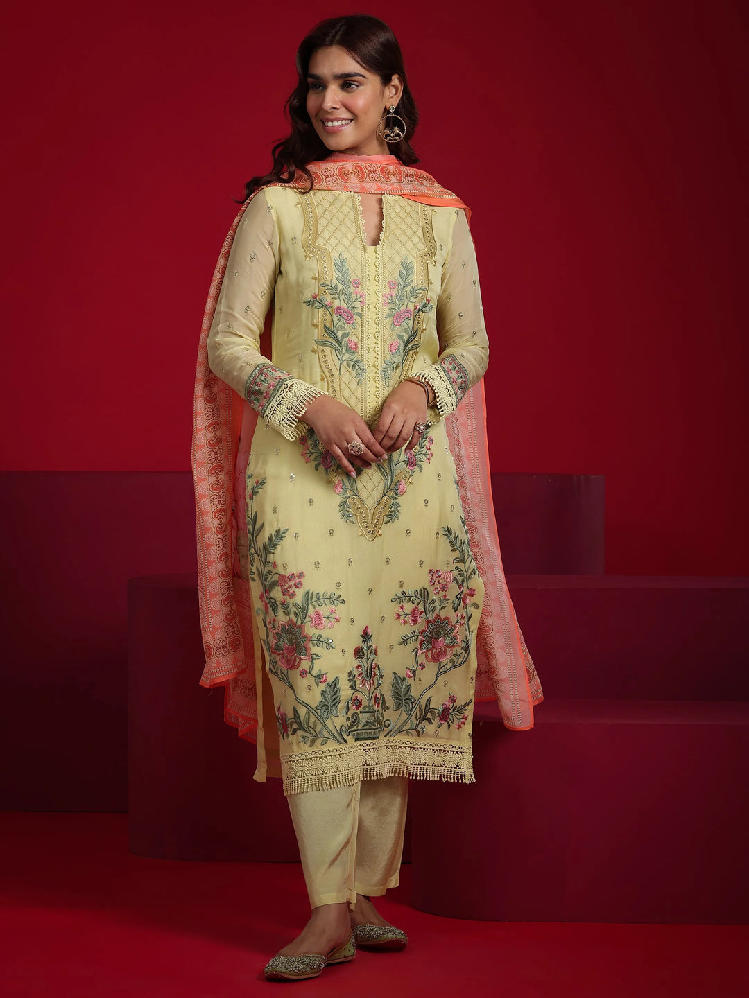 Libas Art Lime Green Embroidered Organza Straight Suit With Dupatta