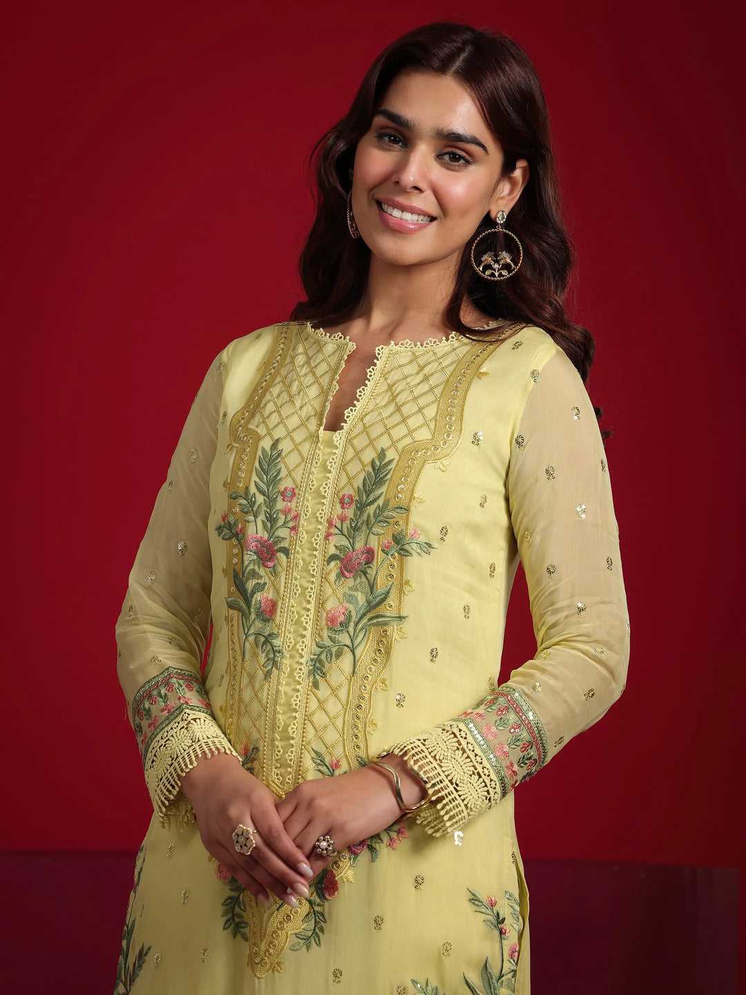  Libas Art Lime Green Embroidered Organza Straight Suit With Dupatta 