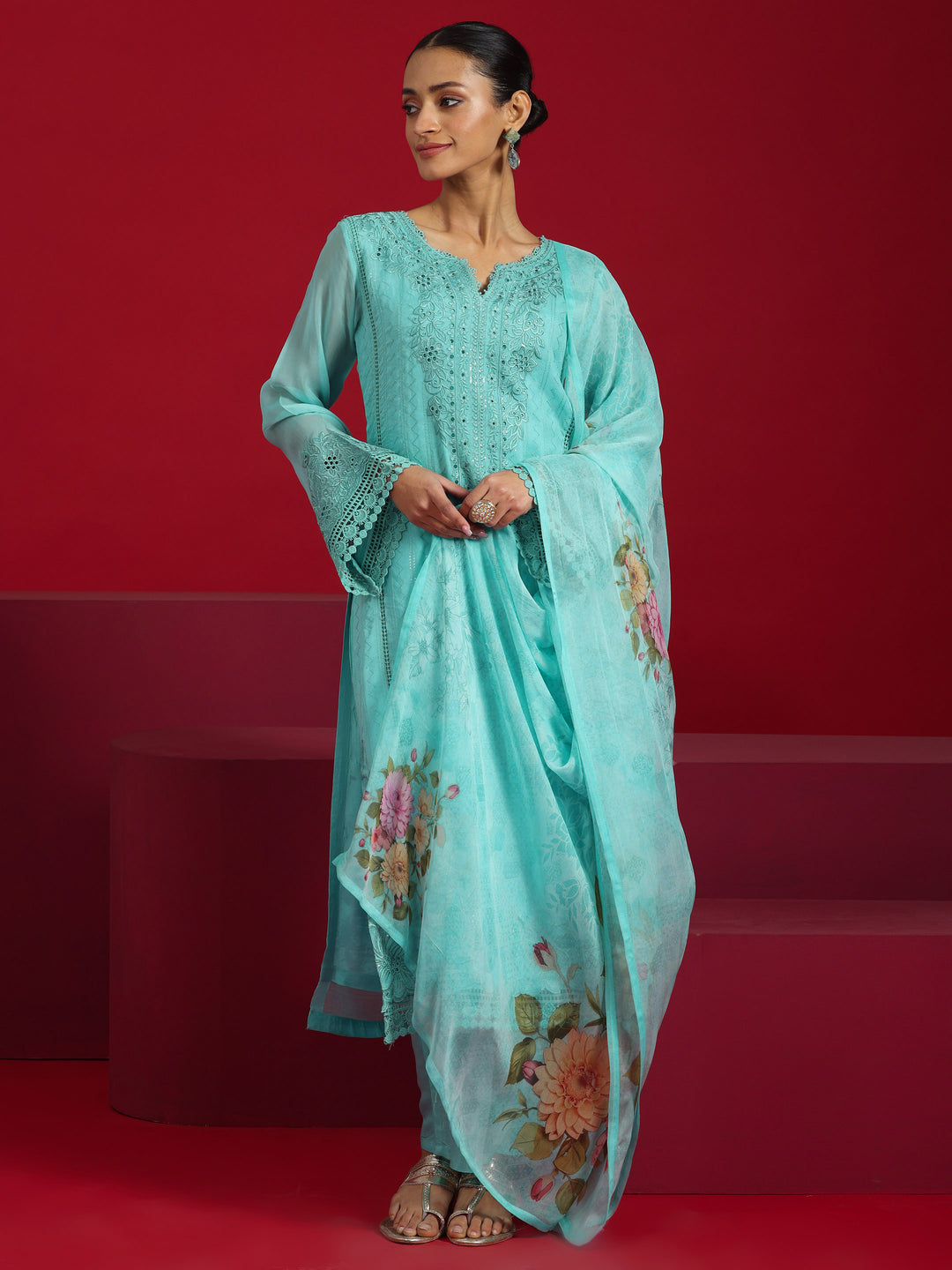  Libas Art Turquoise Blue Embroidered Organza Straight Suit With Dupatta 