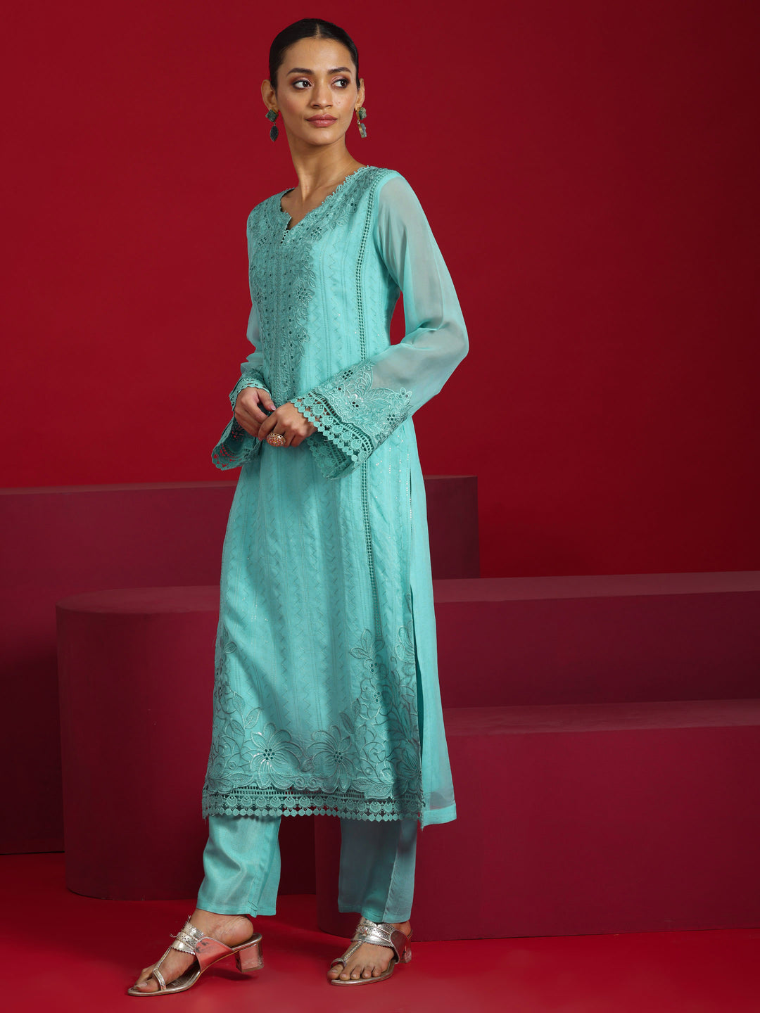  Libas Art Turquoise Blue Embroidered Organza Straight Suit With Dupatta 