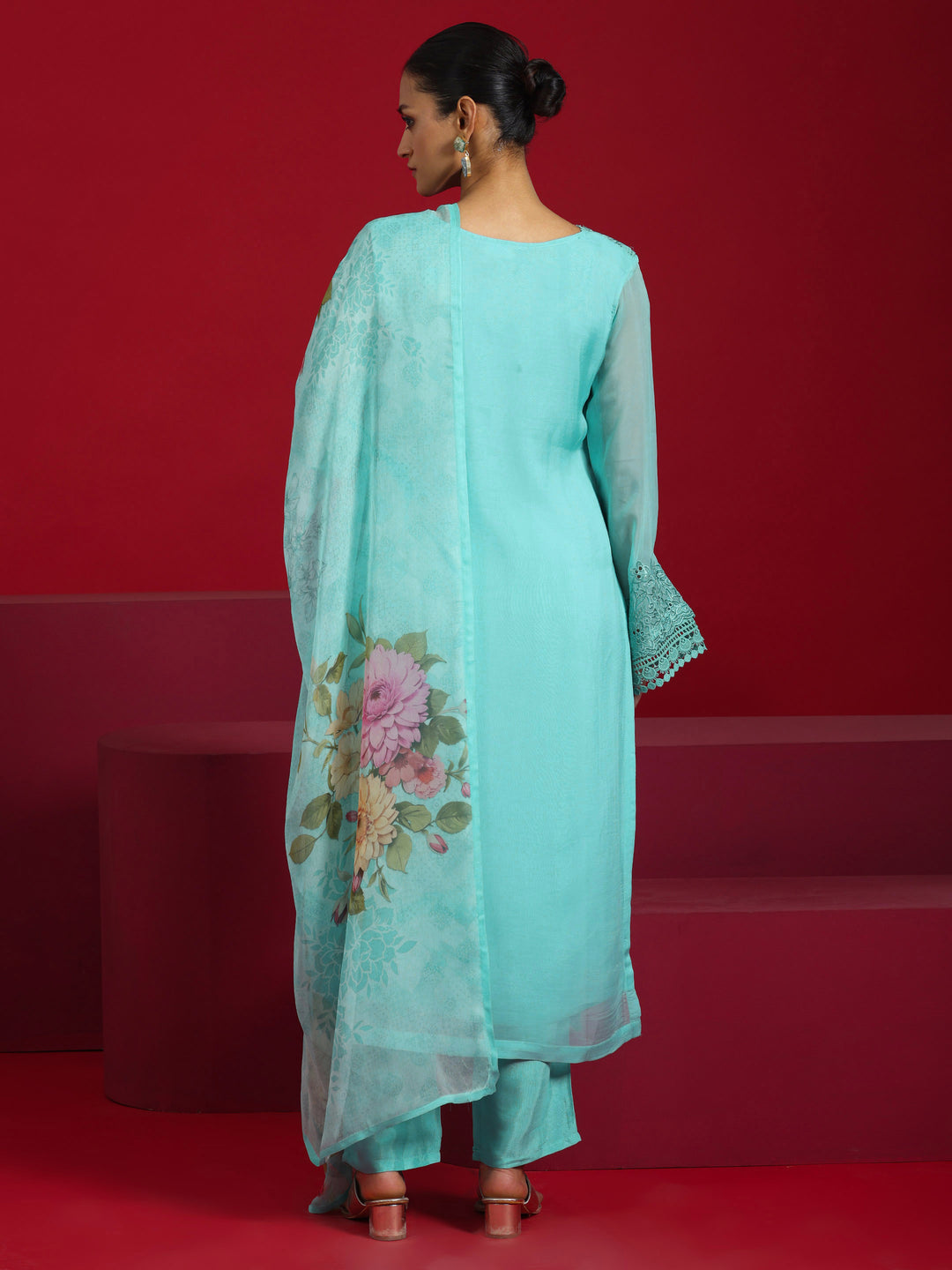  Libas Art Turquoise Blue Embroidered Organza Straight Suit With Dupatta 