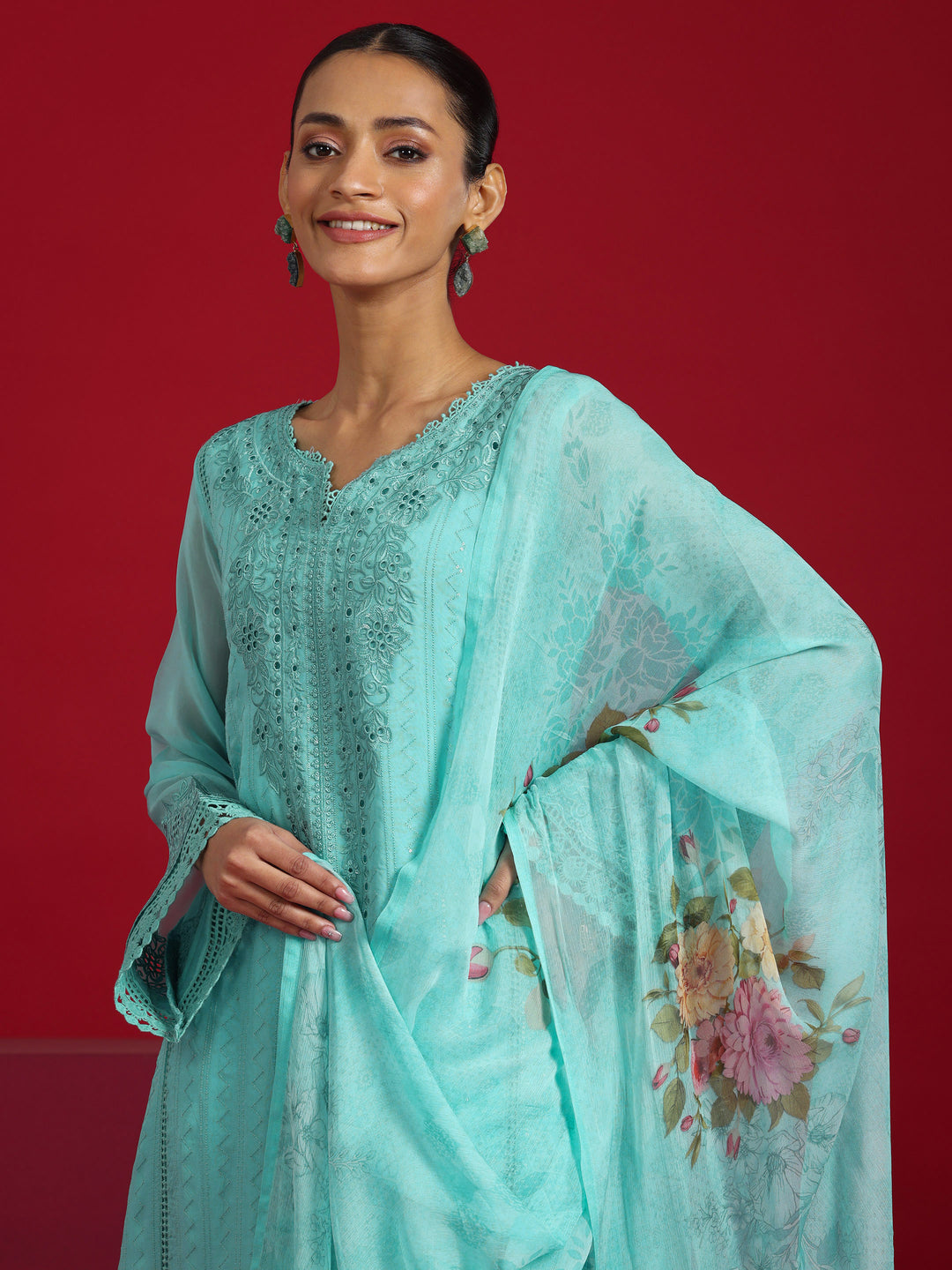  Libas Art Turquoise Blue Embroidered Organza Straight Suit With Dupatta 