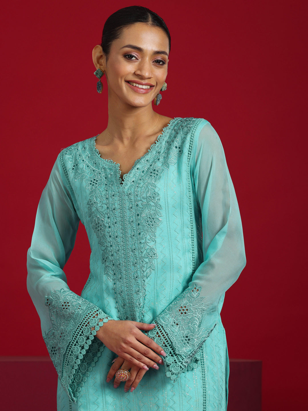  Libas Art Turquoise Blue Embroidered Organza Straight Suit With Dupatta 