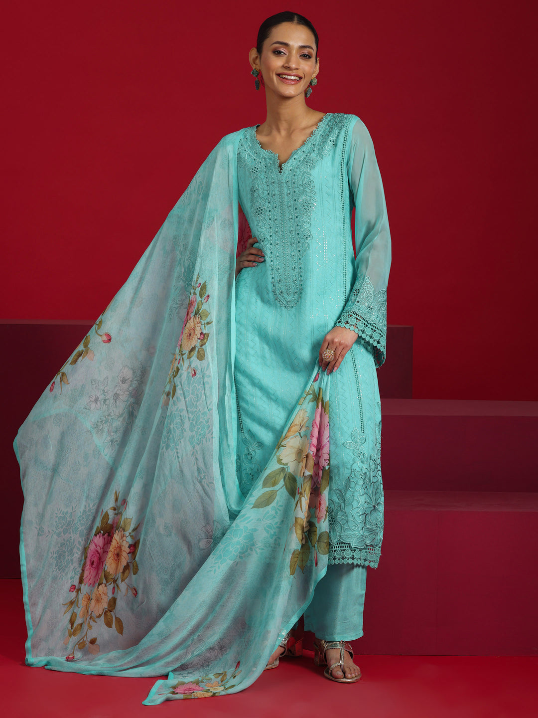  Libas Art Turquoise Blue Embroidered Organza Straight Suit With Dupatta 