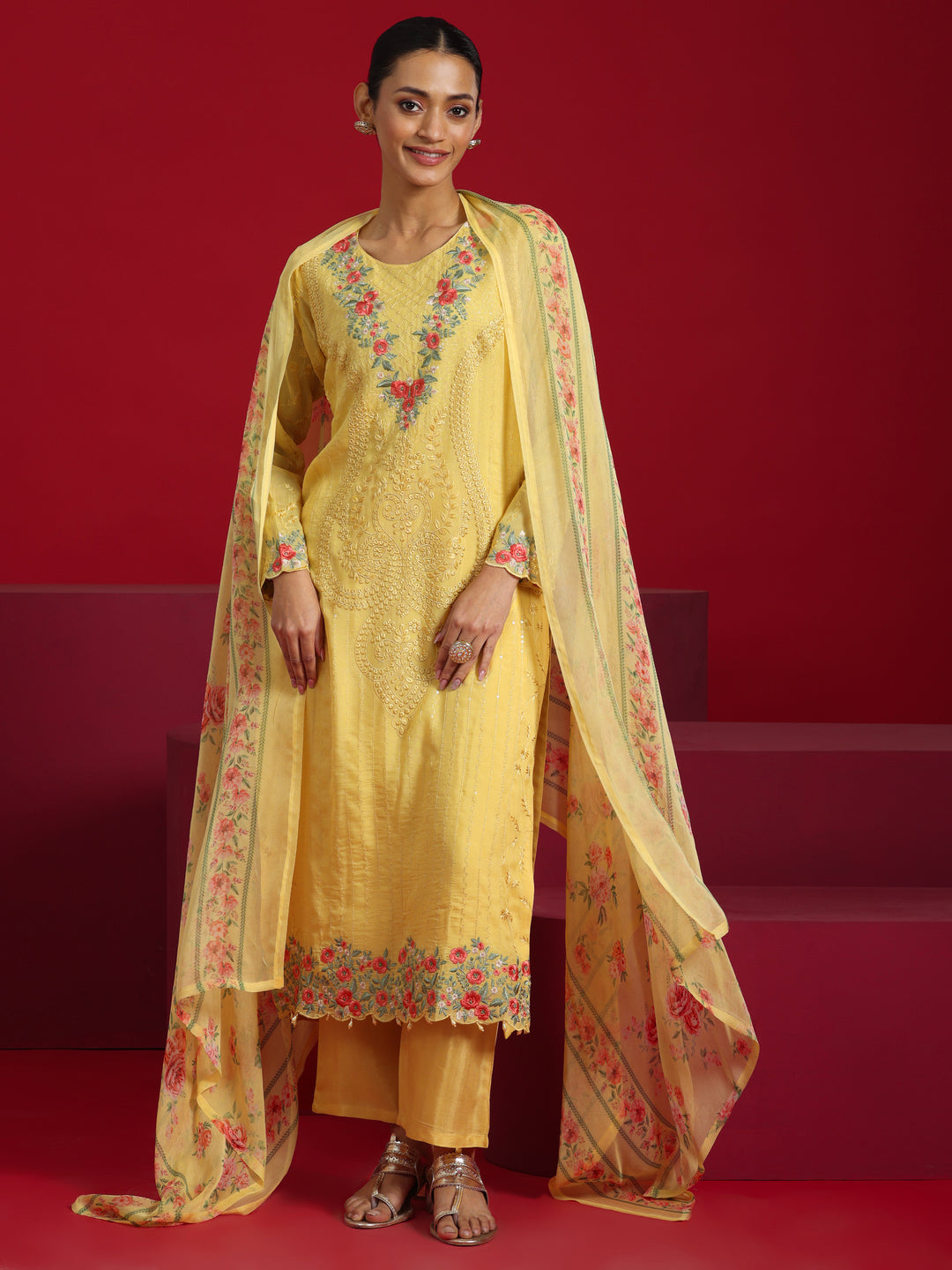  Libas Art Yellow Embroidered Organza Straight Suit With Dupatta 