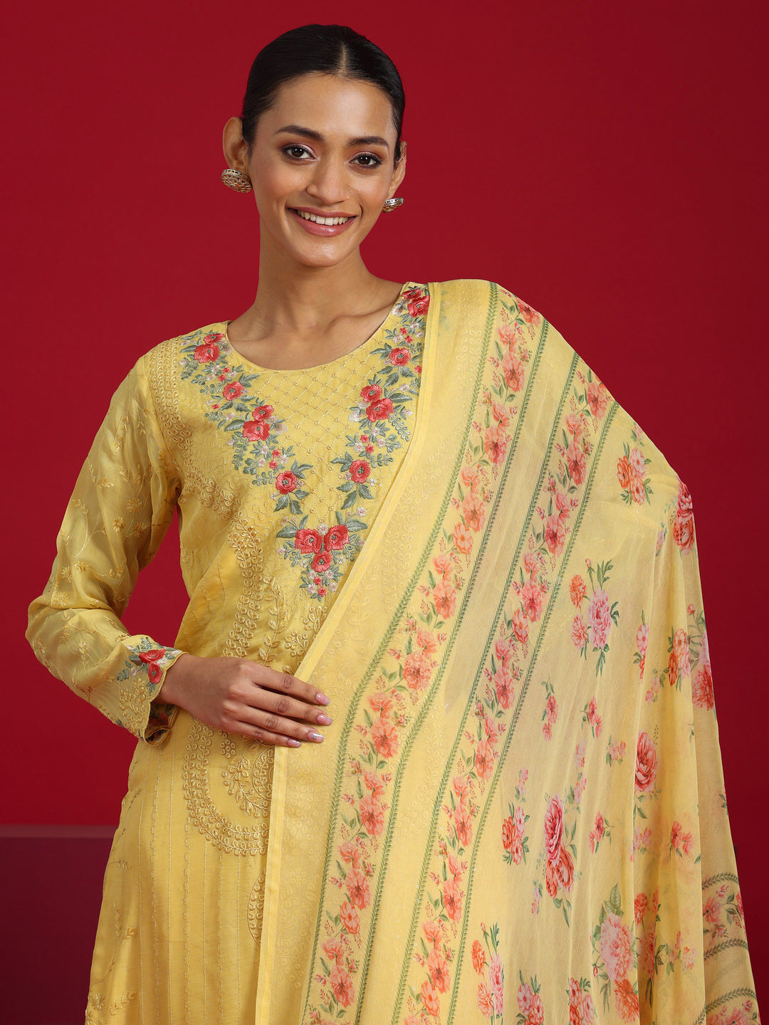  Libas Art Yellow Embroidered Organza Straight Suit With Dupatta 