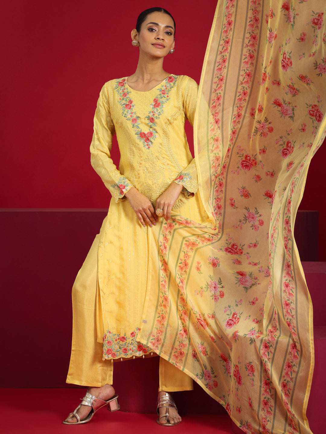  Libas Art Yellow Embroidered Organza Straight Suit With Dupatta 