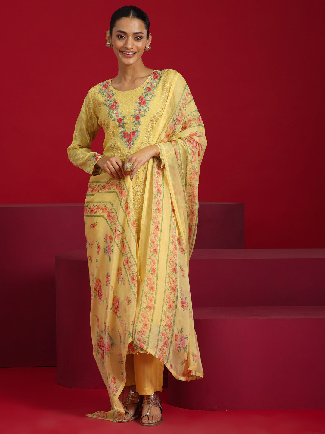  Libas Art Yellow Embroidered Organza Straight Suit With Dupatta 