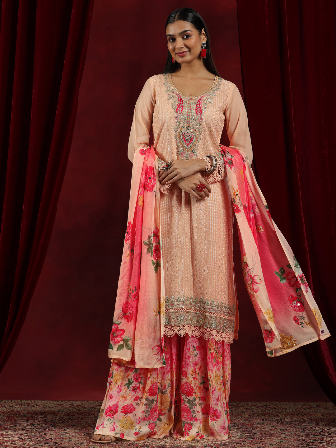  Libas Art Peach Embroidered Georgette Straight Suit With Dupatta 