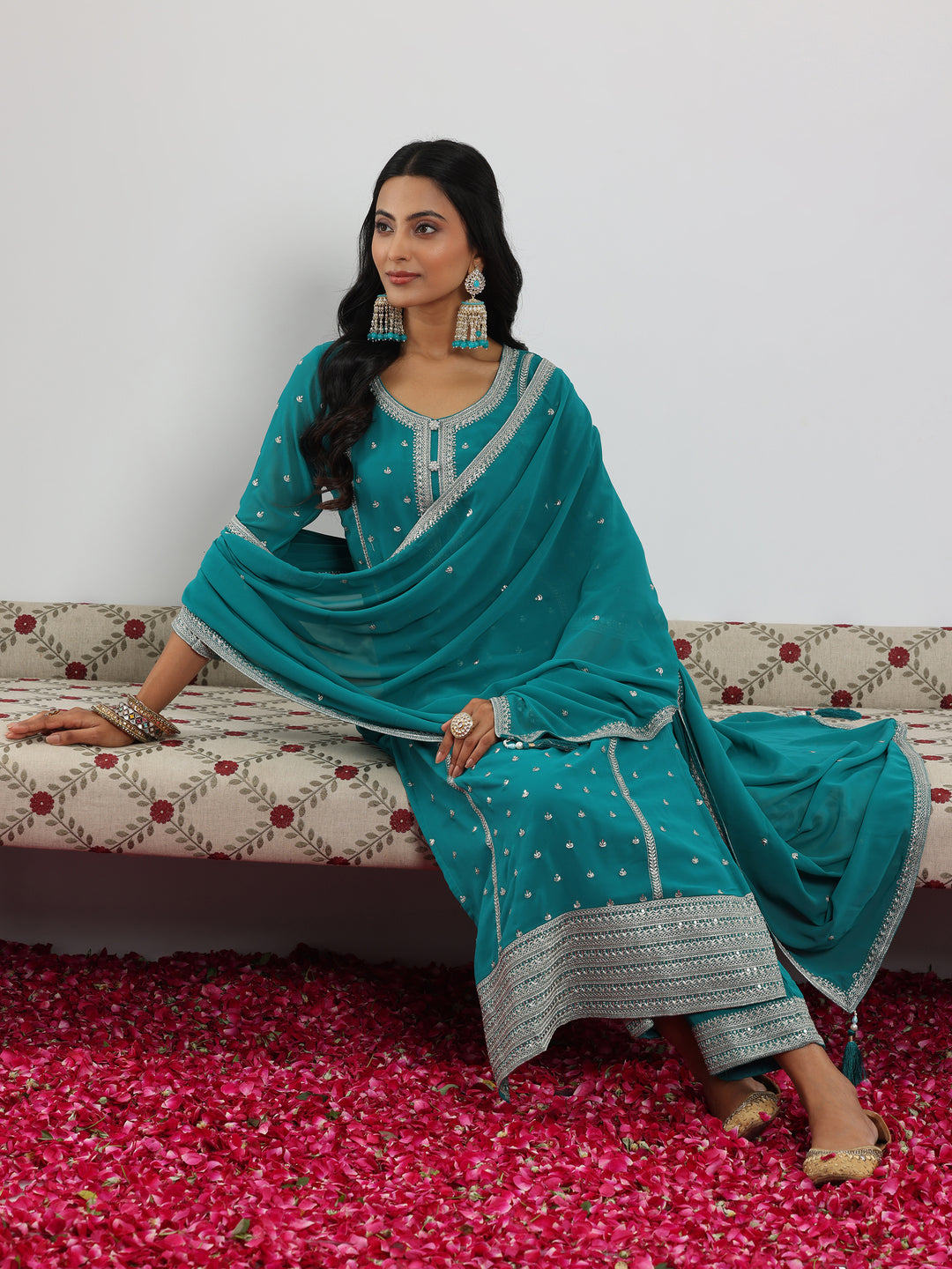  Rama Embroidered Georgette Straight Suit With Dupatta 