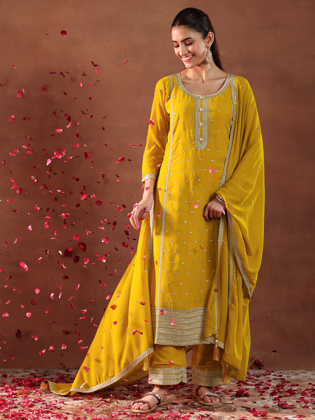  Mustard Embroidered Georgette Straight Suit With Dupatta 