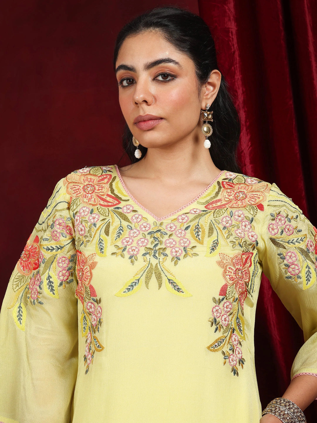  Libas Art Green Embroidered Chinon A-Line Suit With Dupatta 