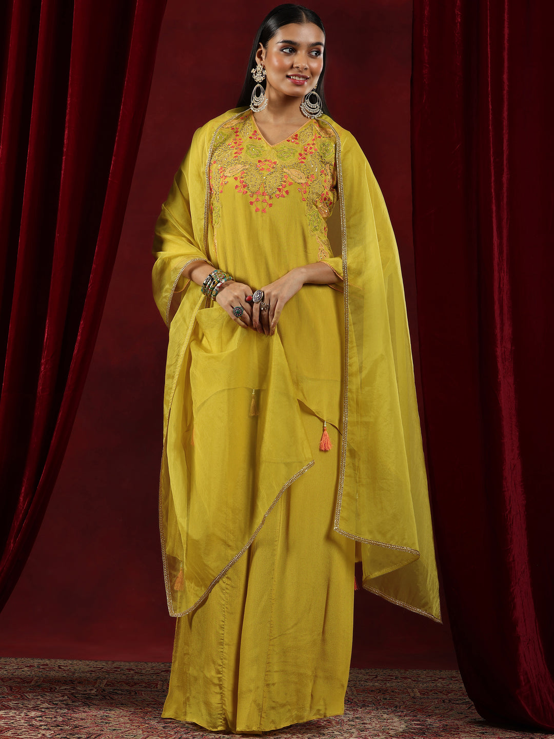  Libas Art Mustard Embroidered Chinon A-Line Kurta With Palazzos & Dupatta 