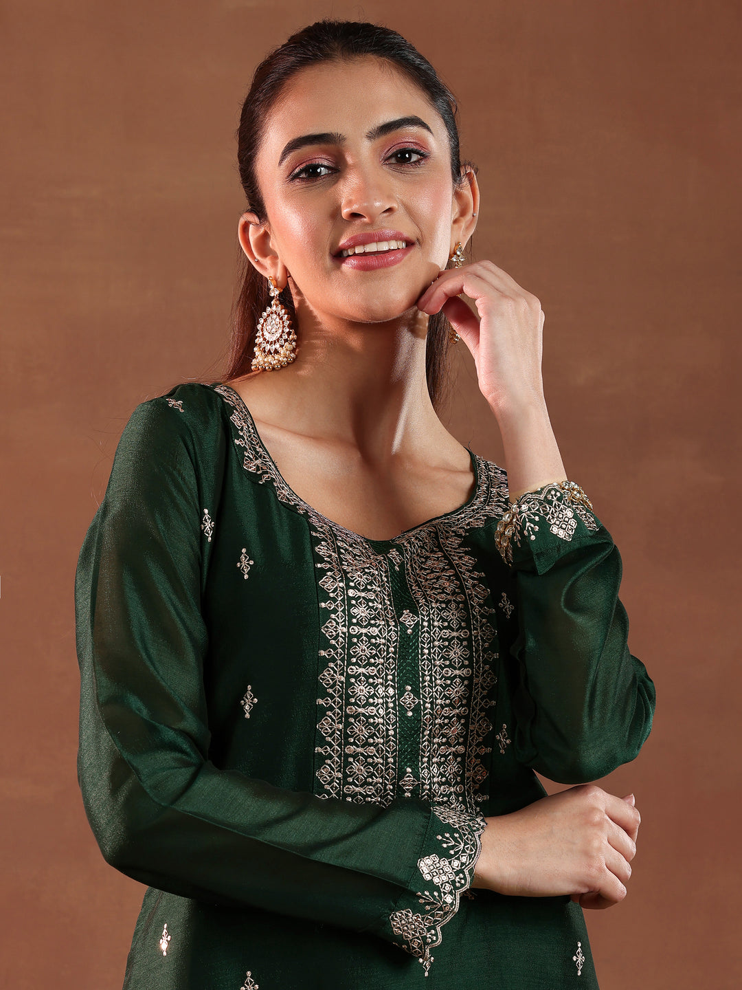  Green Embroidered Silk Blend Straight Suit With Dupatta 