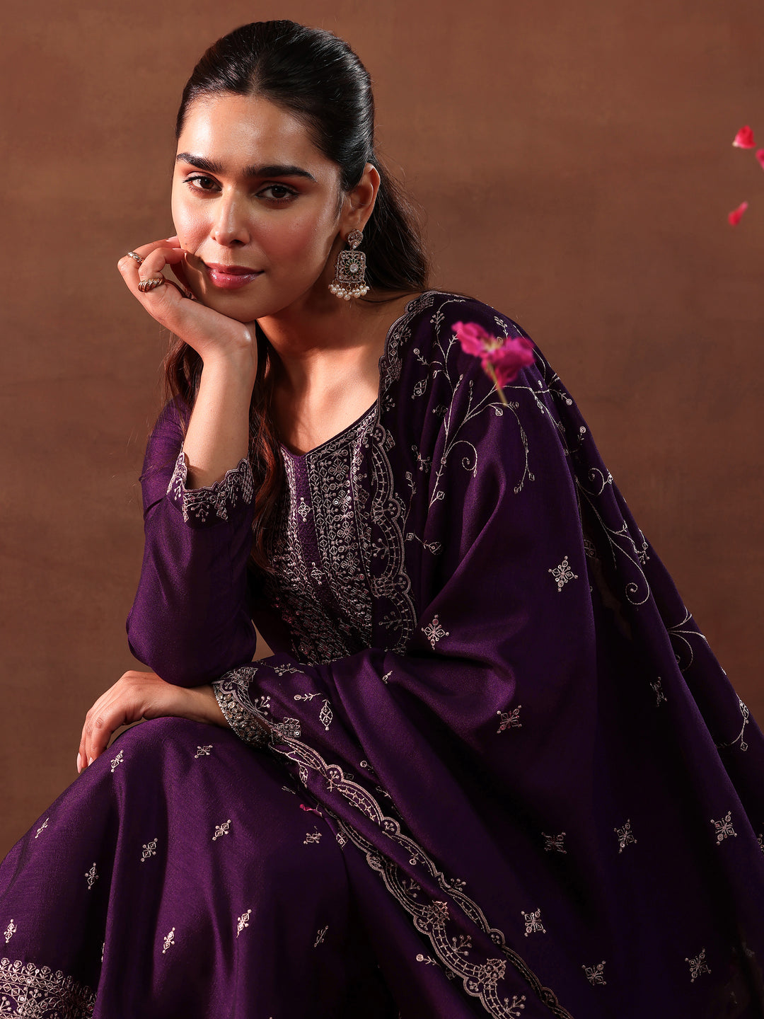  Wine Embroidered Silk Blend Straight Suit With Dupatta 