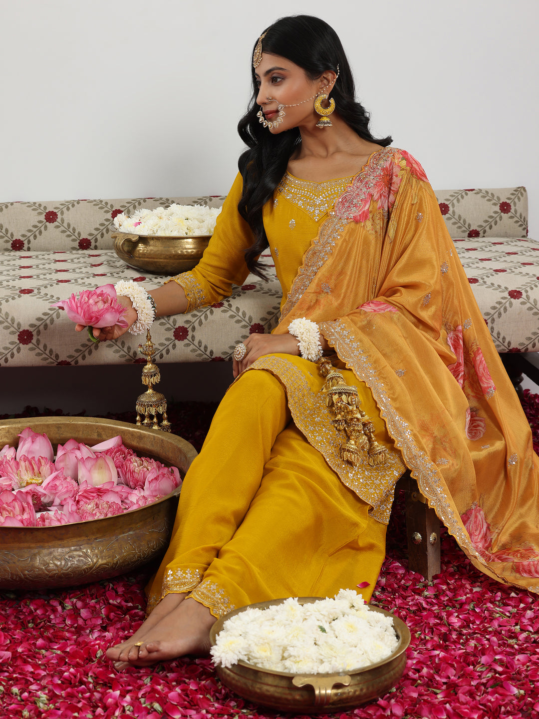 Mustard Embroidered Silk Blend Straight Suit With Dupatta