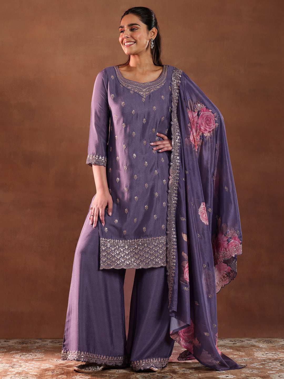 Purple Embroidered Silk Blend Straight Suit With Dupatta