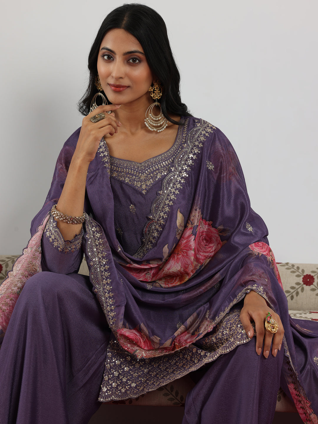 Purple Embroidered Silk Blend Straight Suit With Dupatta