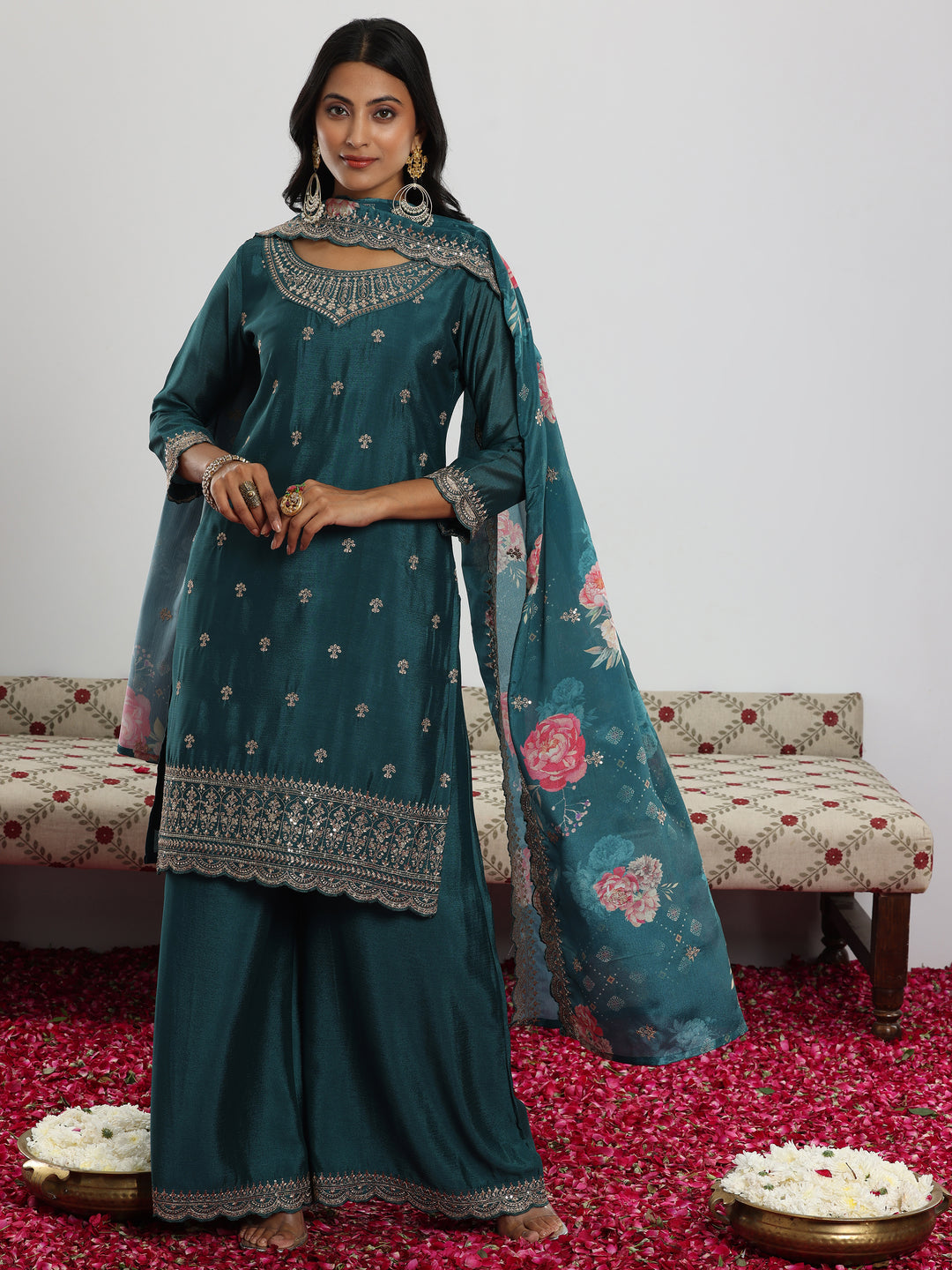 Teal Embroidered Silk Blend Straight Suit With Dupatta