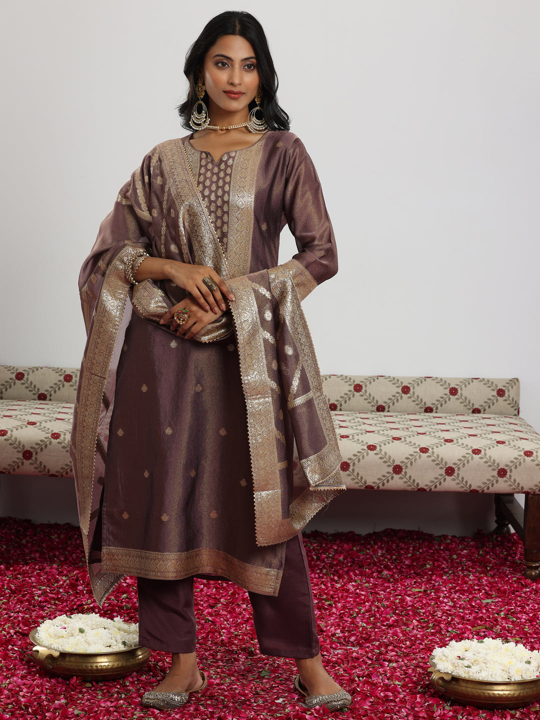  Mauve Woven Design Silk Blend Straight Suit With Dupatta 