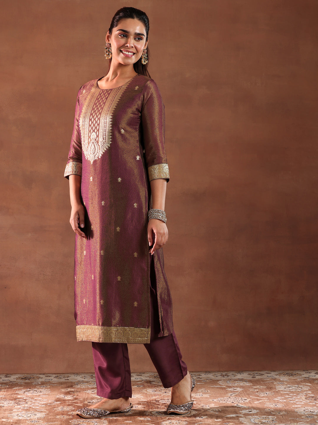  Maroon Woven Design Silk Blend Straight Suit With Dupatta 