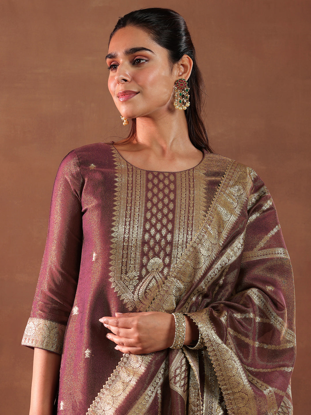  Maroon Woven Design Silk Blend Straight Suit With Dupatta 