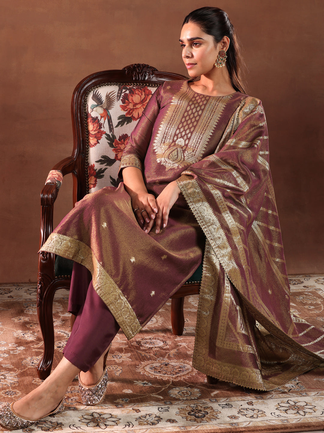 Maroon Woven Design Silk Blend Straight Suit With Dupatta