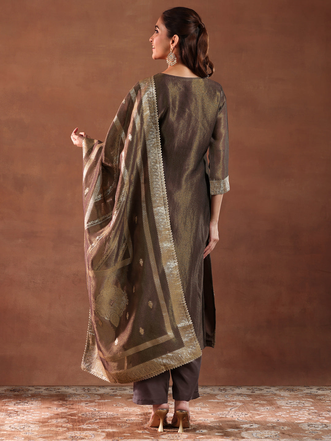  Brown Woven Design Silk Blend Straight Suit With Dupatta 