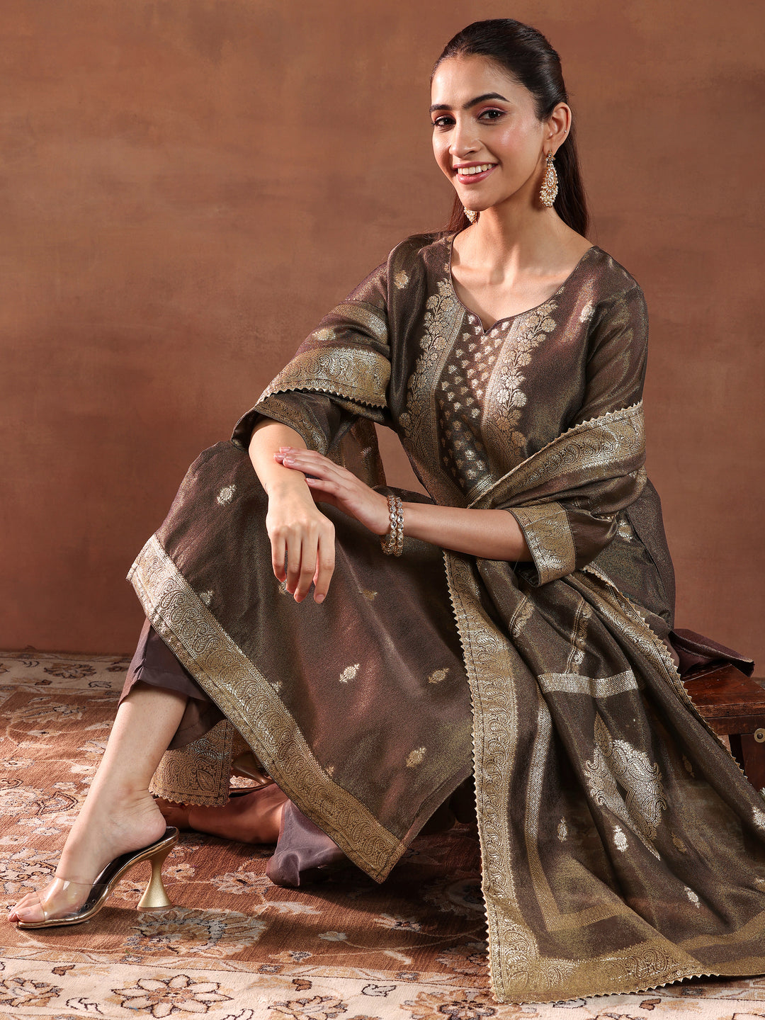  Brown Woven Design Silk Blend Straight Suit With Dupatta 