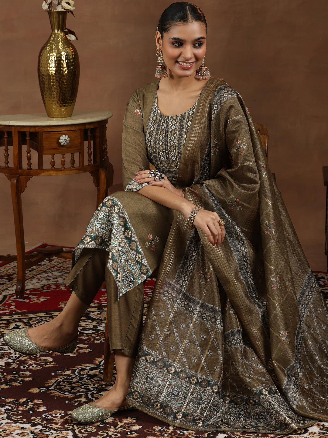  Brown Printed Silk Blend Straight Suit With Dupatta 