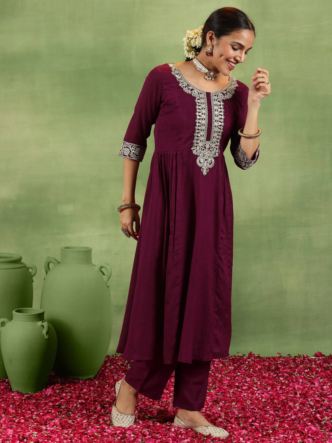  Maroon Yoke Design Silk Blend Anarkali Suit With Dupatta 